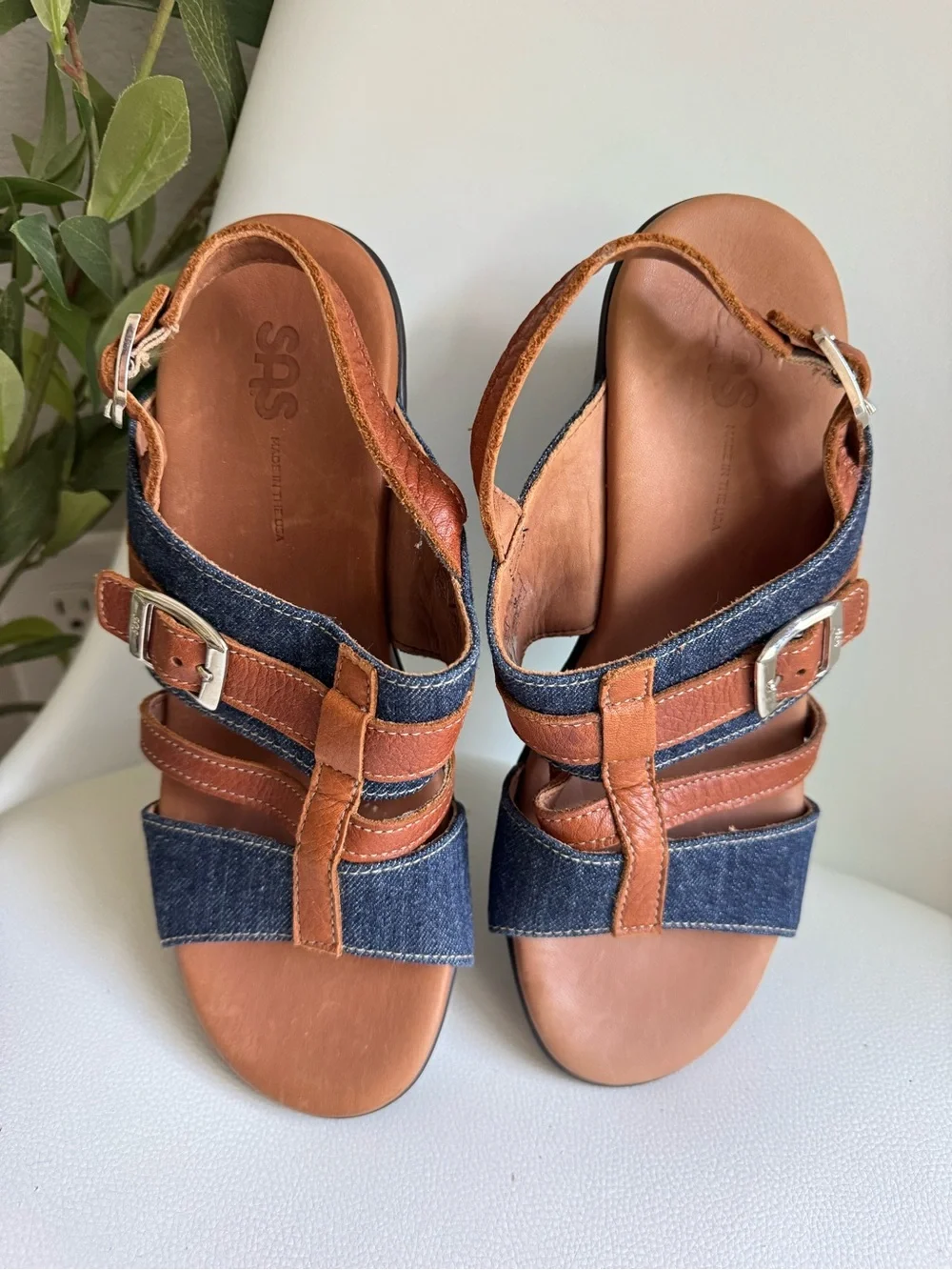SAS Layla Denim Leather Wedge Sandals Women's 7.5 M Blue Brown Made in USA